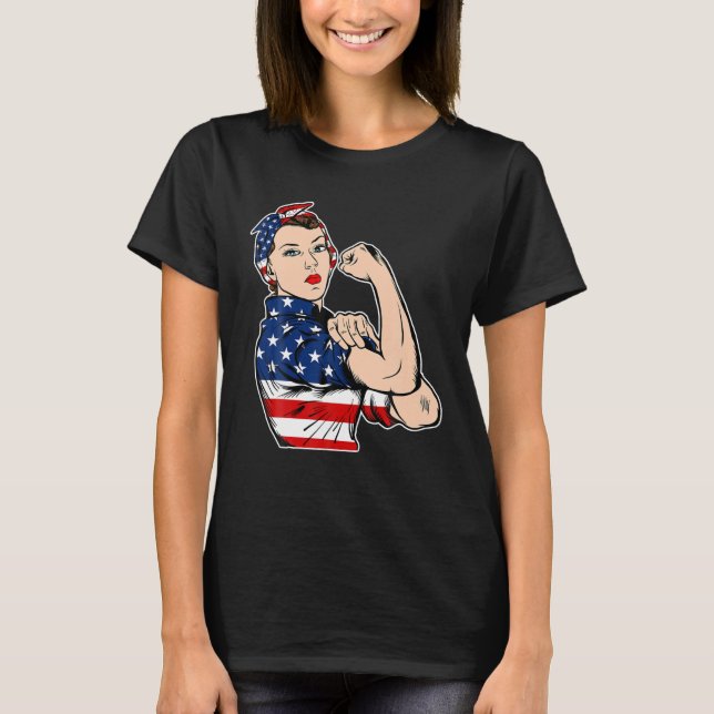 T-shirt Rosie Le Riveter Bandana Feminist USA Drapeau 4e (Devant)