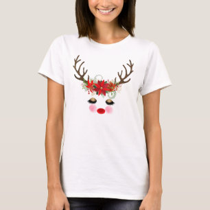 T-shirt Rosy Cheeks Gold Eyes Floral Reindeer Holiday