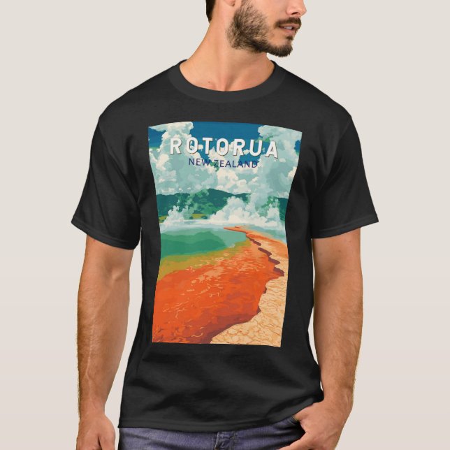 T-shirt Rotorua New Zealand Illustration Travel Art Retro  (Devant)