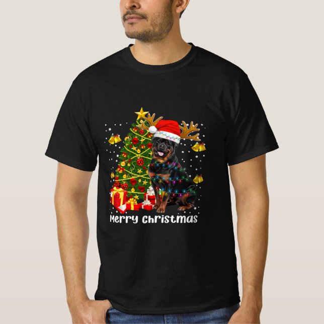 T-shirt Rottweiler Chien Arbre de Noël Père Noël Lumière (Devant)