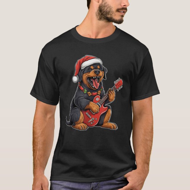 T-shirt Rottweiler Dog Playing Guitar Santa Hat Xmas Chris (Devant)