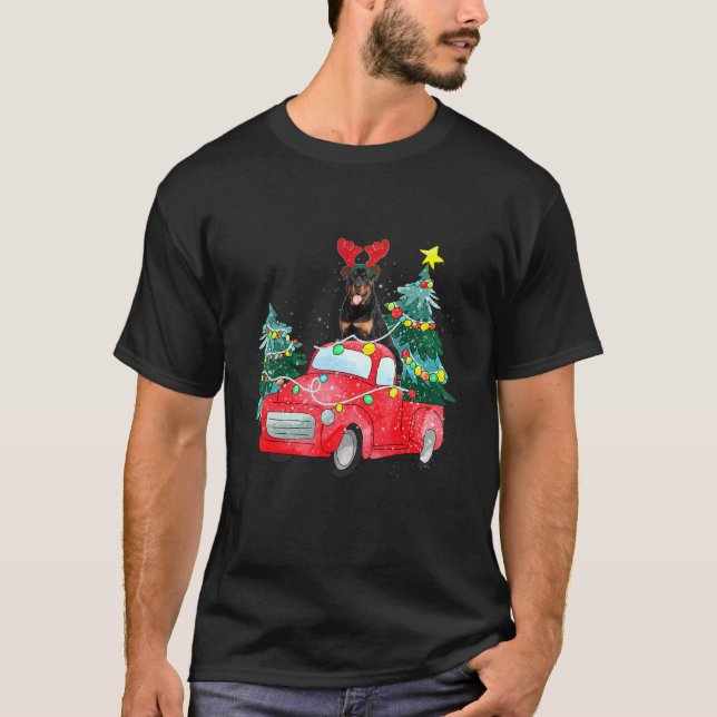 T-shirt Rottweiler Ride Red Truck Christmas Dog  Xmas Paja (Devant)