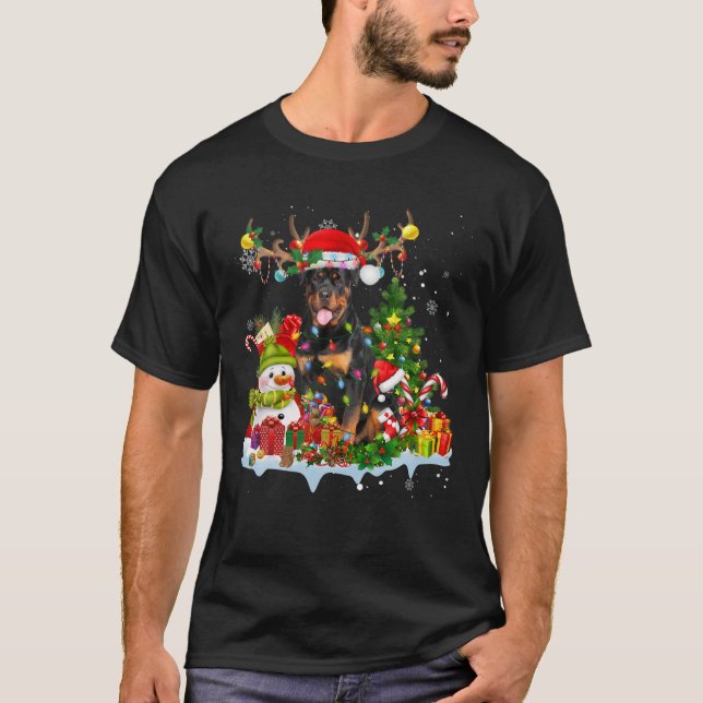 T-shirt Rottweiler Santa Hat Reindeer Feux de Noël Paj (Devant)