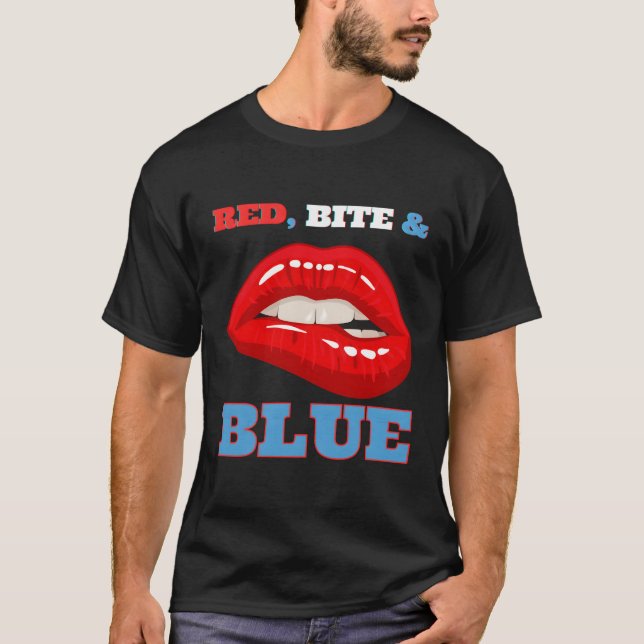 T-shirt Rouge Bite Bleu Fun Lips Bitant La Bouche Baiser (Devant)