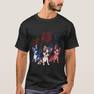 T-shirt Rouge Blanc Bleu Boston Terrier Usa Drapeau 4 juil
