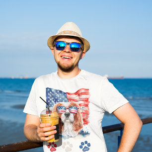 T-shirt Rouge Blanc bleu Cavalier Espagnol Chien 4 juillet