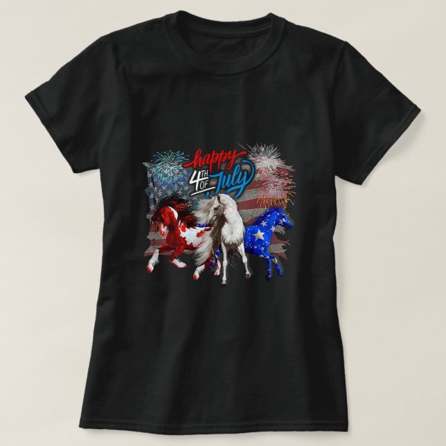 T-shirt Rouge Blanc Bleu Cheval 4 Juillet Drapeau USA Feu  (Design devant)