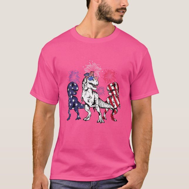 T-shirt Rouge Blanc Bleu Cool Rex Dinosaur Feu d'artifice  (Devant)