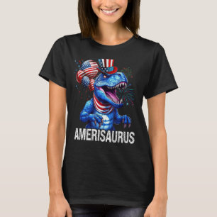 T-shirt Rouge Blanc Bleu Dinosaure Amerisaurus Feu d'artif
