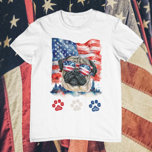 T-shirt Rouge Blanc Bleu Pug Chien Animal de Compagnie Amé
