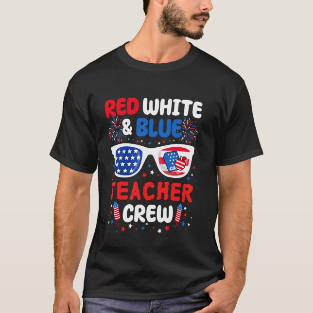 T-shirt Rouge Blanc Bleu Rétro Équipage d'enseignant 4 jui (Devant)