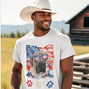 T-shirt Rouge Blanc et Bleu Chien Mastiff Anglais 4 Juille