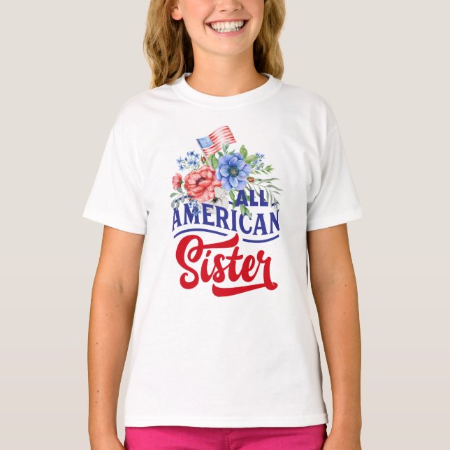 T-shirt Rouge blanc et bleu floral All American Sister (Devant)