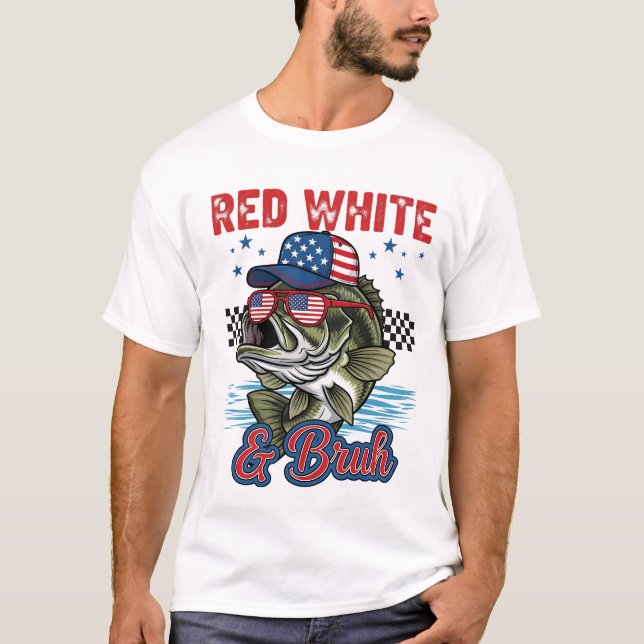 T-shirt Rouge Blanc Et Bruh Tee, 4 juillet De Pêche Drôle (Devant)