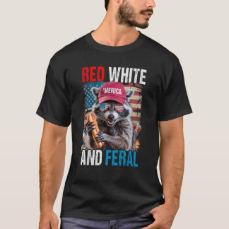 T-shirt Rouge Blanc et Féral Drôle de Raton laveur Patriot