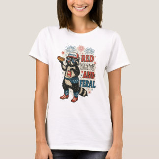 T-shirt Rouge blanc et feral - Funky Patriotic Raccoon