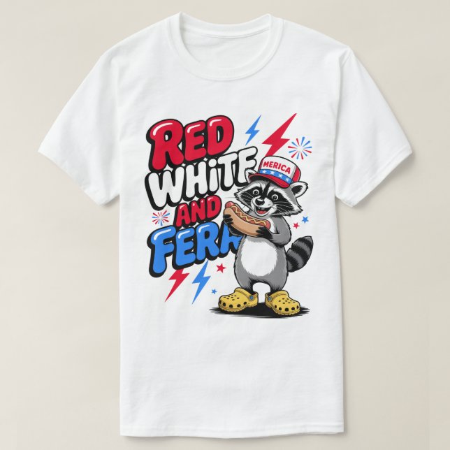 T-shirt Rouge Blanc Et Feral Funny Raccoon 4 juillet (Design devant)