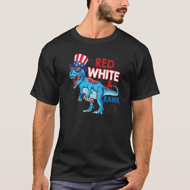 T-shirt Rouge Blanc Et Rawr Rex Usa Dinosaure Patriotique  (Devant)