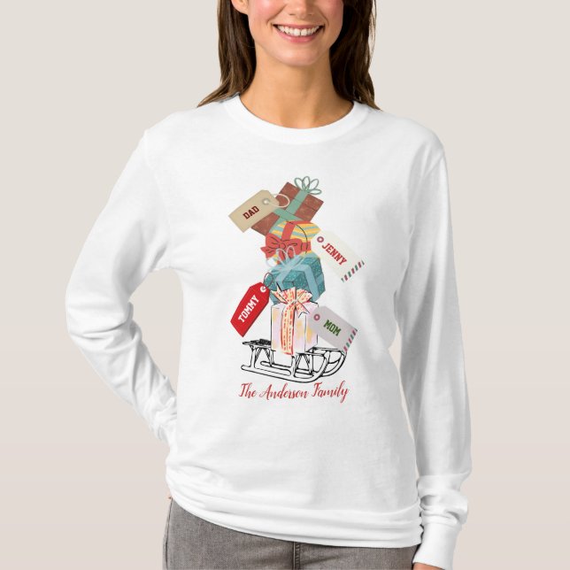 T-shirt Rouge blanc hiver Sleigh mignonne Noël moderne (Devant)