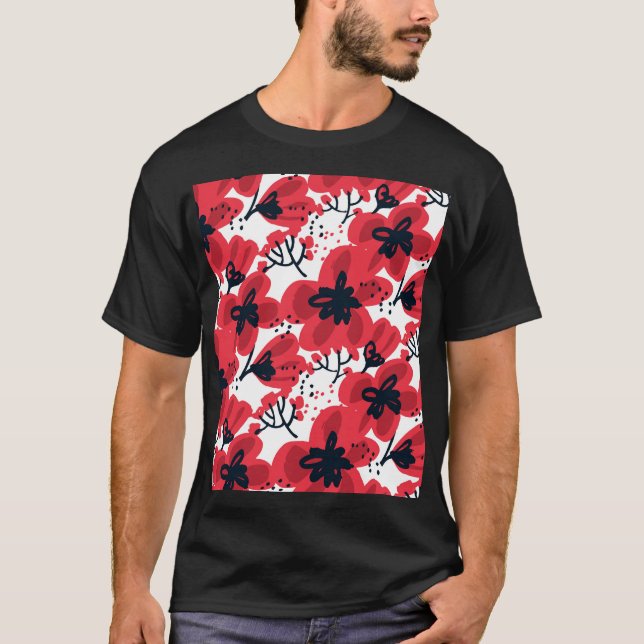 T-shirt Rouge de fleur : Motif Abstrait à main. (Devant)