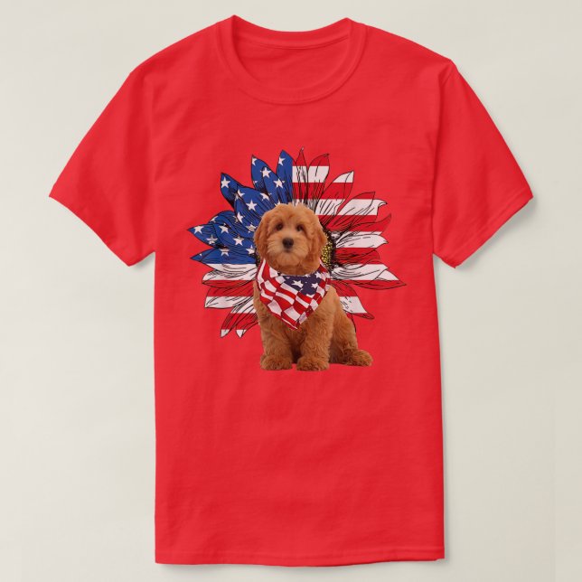 T-shirt Rouge Goldendoodle Tournesol Drapeau Américain Ind (Design devant)