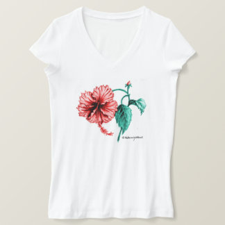 T-shirt rouge Hibiscus V-Neck pour femmes