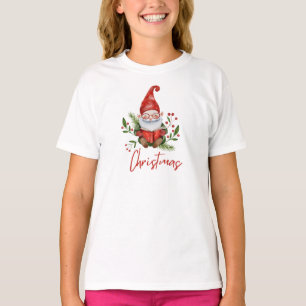 T-shirt Rouge Illustré jote Gnome Livre Lecture Noël