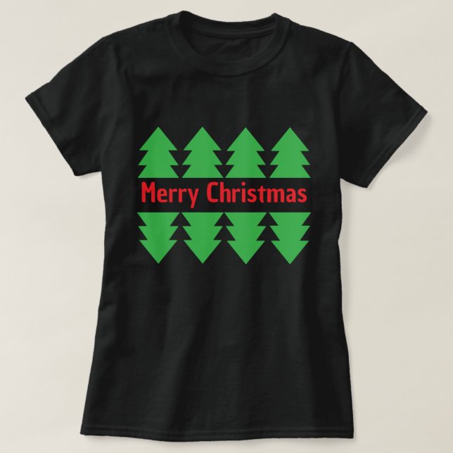 T-shirt Rouge Joyeux Noël Simple Arbre Vert Design Noir (Design devant)