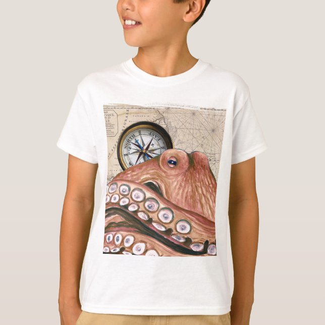 T-shirt Rouge Octopus Compass Carte Vintage beige (Devant)