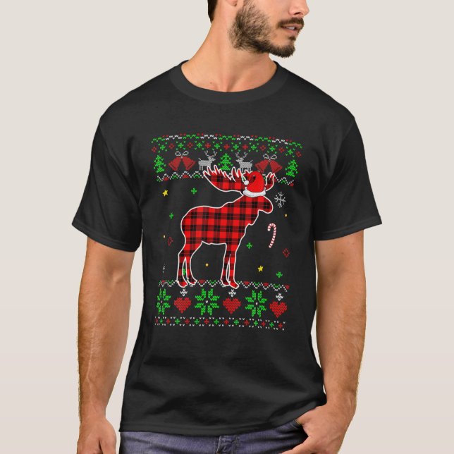 T-shirt Rouge Plaid laide doux Noël Animaux Moose Lov (Devant)