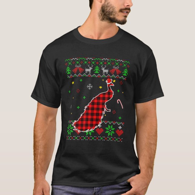 T-shirt Rouge Plaid laide doux Noël Animaux Peacock L (Devant)