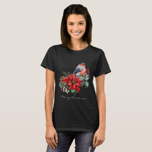 T-shirt Rouge Poinsettia Pine Cône Oiseau Noir Noël