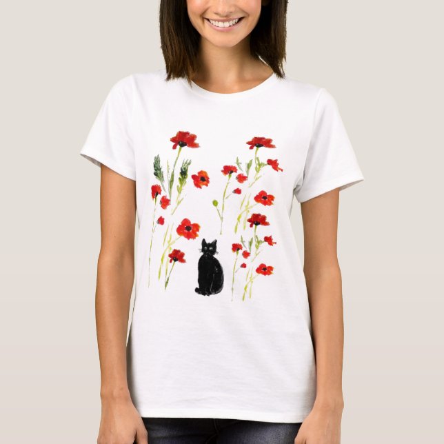 T-shirt Rouge Poppy Cute Chat Floral (Devant)