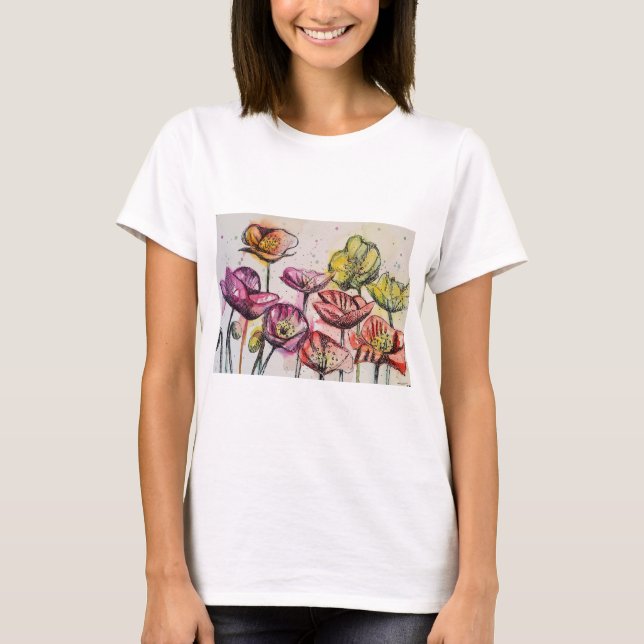 T-shirt Rouge Populaire floral Aquarelle Art Motif (Devant)
