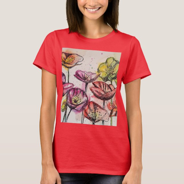 T-shirt Rouge Populaire floral Aquarelle Art Motif (Devant)
