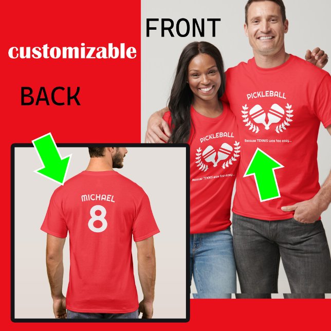T-shirt ROUGE Texte personnalisé (avant et arrière) (Customizable Back and Front unisex pickleball t-shirt)