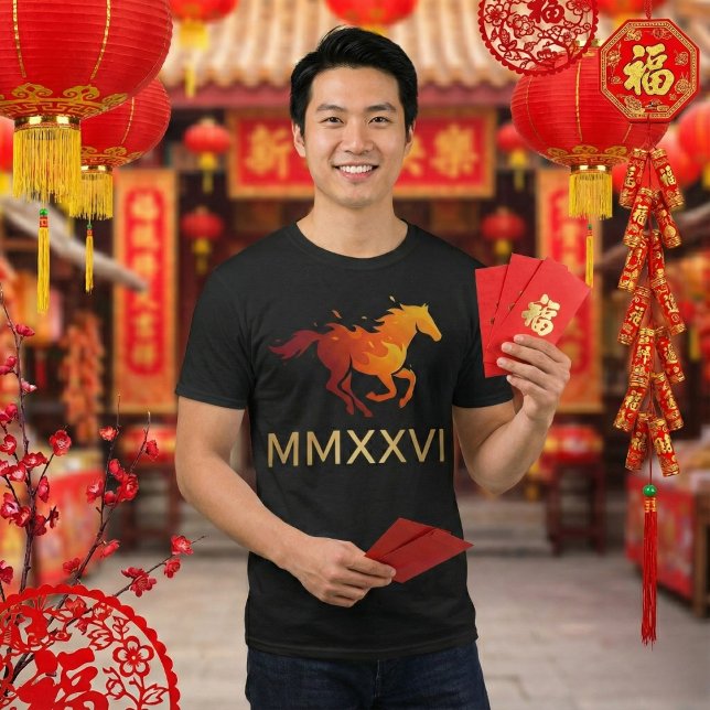 T-shirt Rouge vibrant et cheval de feu doré (Créateur téléchargé)