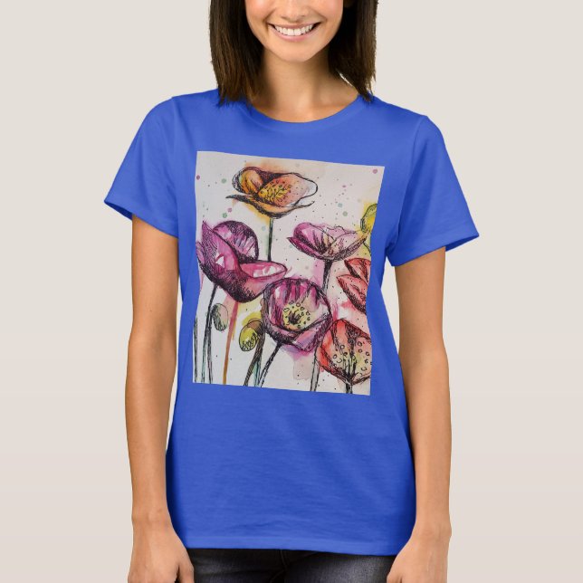 T-shirt Rouge Violet Rose Poppy floral Aquarelle T-Shir (Devant)