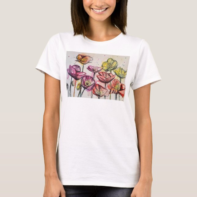 T-shirt Rouge violet rose Populaire floral aquarelle art (Devant)