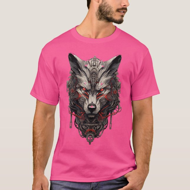 T-shirt Rouges Cyborg Wolf Mecha Cyberpunk (Devant)