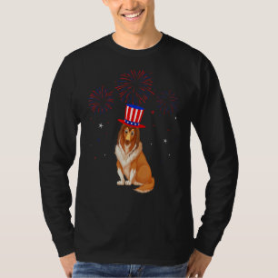 T-shirt Rough Collie Chien Rouge Blanc Bleu Feu d'artifice