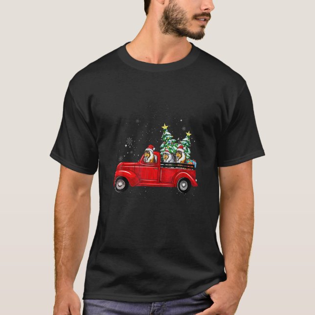 T-shirt Rough Collie Dog Driving Xmas Truck Christmas Tree (Devant)