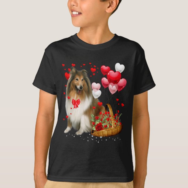 T-shirt Rough Collie Heart Balloon Happy Valentine Day Dog (Devant)