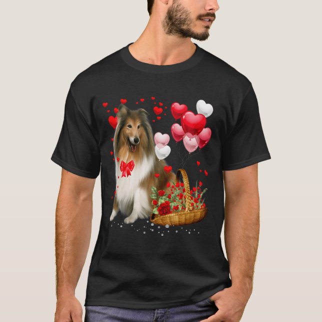 T-shirt Rough Collie Heart Balloon Happy Valentine Day Dog (Devant)