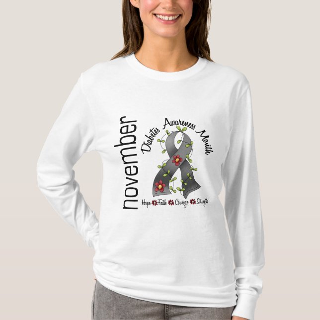 T-shirt Ruban 1 de fleur de mois de conscience de diabète (Devant)