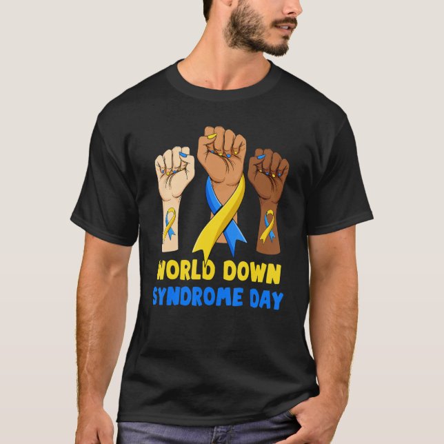 T-shirt Ruban bleu jaune mains ensemble World Down Synd (Devant)
