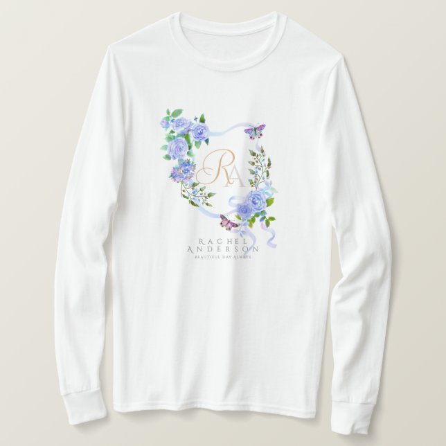 T-shirt Ruban de monogramme chic Rose Bleue  (Design devant)