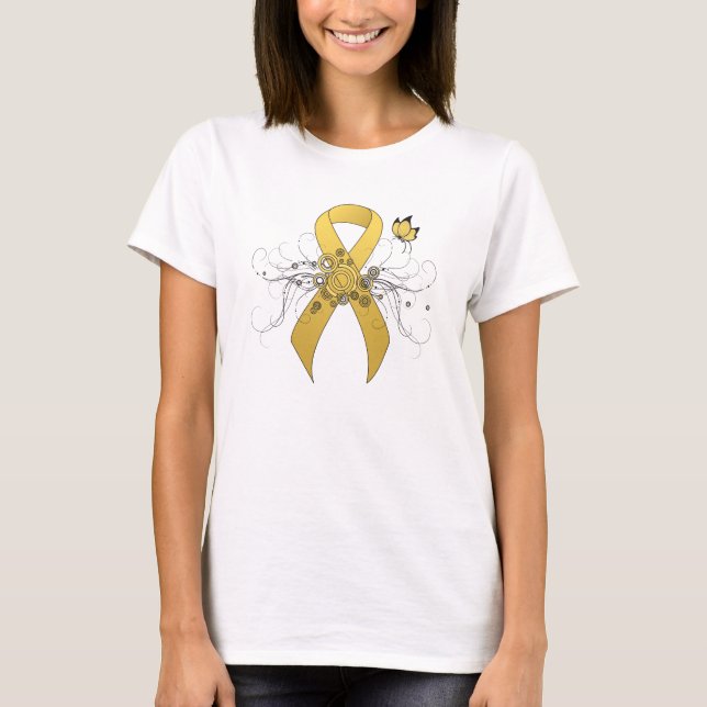T-shirt Ruban de sensibilisation à l'or avec papillon (Devant)
