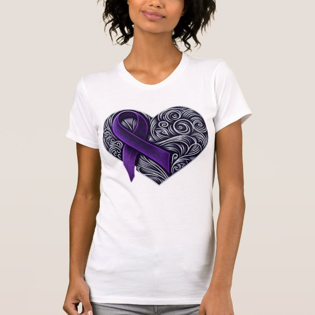 T-shirt Ruban de sensibilisation au pourpre avec le coeur  (Devant)