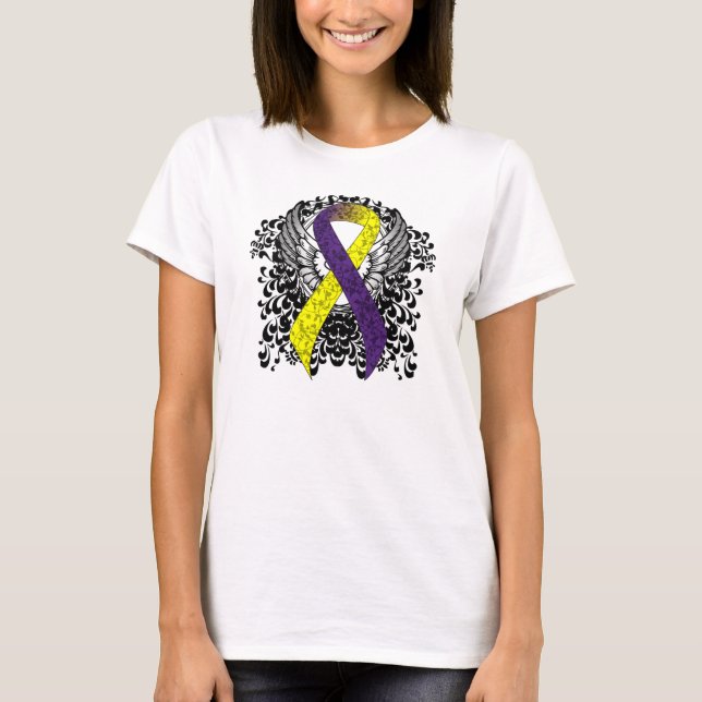 T-shirt Ruban de sensibilisation violet et jaune avec aile (Devant)